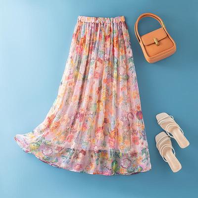 Женская весенняя мода Юбка миди А-силуэта с высокой талией из тутового шелка - Богемный стиль для путешествий