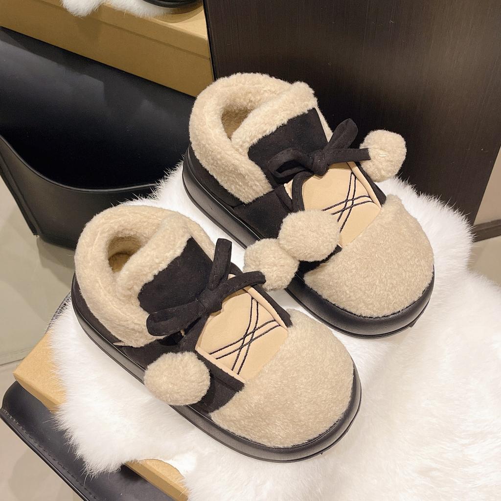 Милые мультяшные помпоны зимние женские новые зимние теплые ботинки на толстой подошве, утепленные хлопковые домашние тапочки