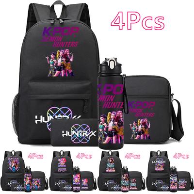 4 шт./компл. Аниме Мультфильм K-Pop Принт Рюкзак с бутылкой для воды 750 мл для Подростка Студента Девочки Мальчика Книжная сумка Детский Подарок Большая Вместимость Дорожная Сумка
