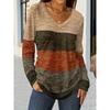 Stylish V-Neck Color Block Striped T-Shirt Women's Casual Loose Pullover Spring Autumn Top