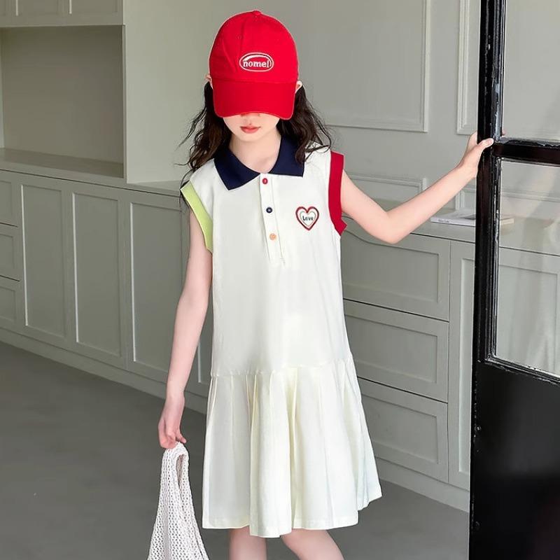 Girls Summer Preppy Polo Collar Sleeveless Pleated Dress Medium Large Kids Casual Vest Skirt