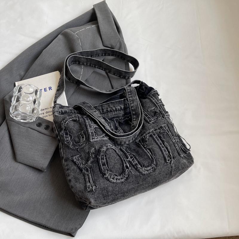 Джинсовая сумка-тоут, женская сумка через плечо с буквенным принтом, большая вместительная портативная сумка через плечо