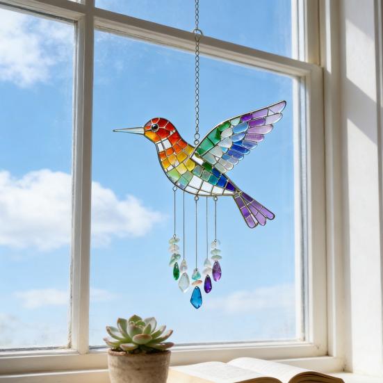 Радужная птица ловца солнца Красочный акриловый ловец солнца с колибри Создатель радуги Подвесное украшение в виде птицы для декора интерьера, окна, сада