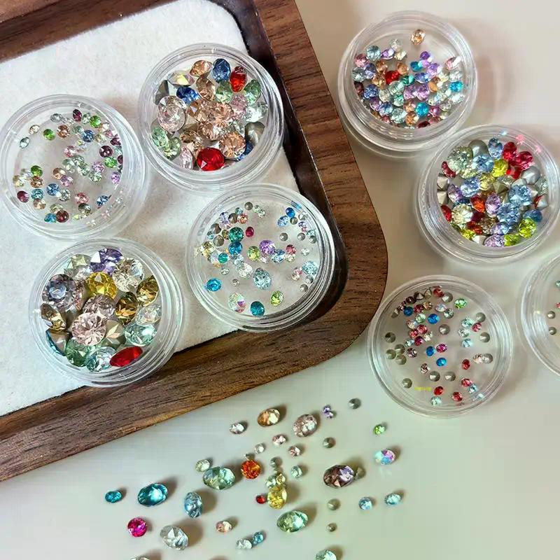1 Box Mixed-Size Mini Pointed-bottom Round Nail Rhinestone Shiny Luxury Nail Crystal DIY Nail Art Decoration Gems Accessories