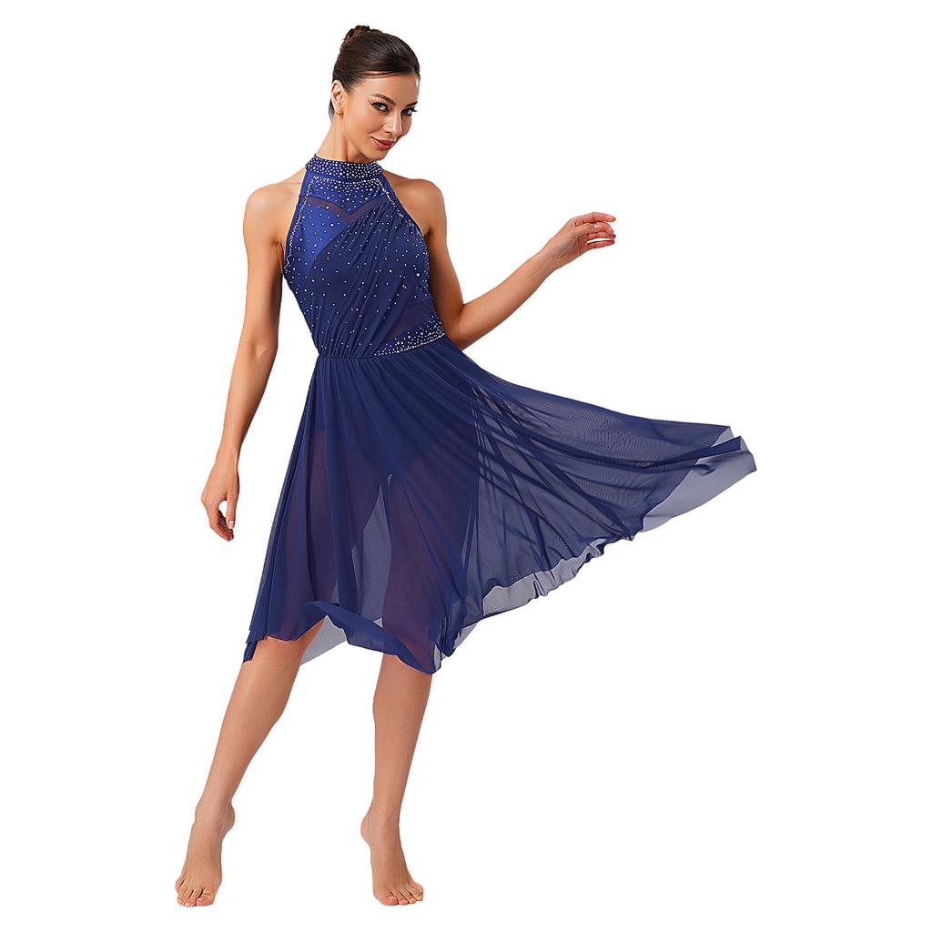 Премиальный костюм для лирического танца для женщин S-XXL Платье-халтер со стразами и сетчатой юбкой с оборками для соревнований и занятий