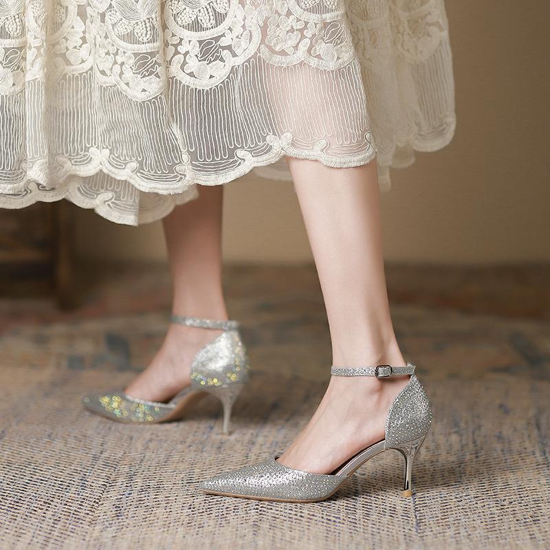 Босоножки на высоком каблуке со стразами, пикантные туфли на высоком каблуке с пряжкой, острые сандалии на шпильке, женские