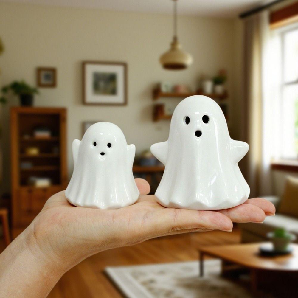 2pcs Cartoon Glowing Ghosts Light Ceramic Small Ghost Figurines Haunted House