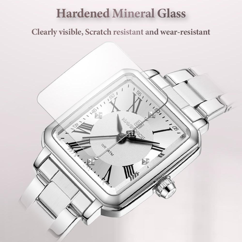NAVAFORCE Женские кварцевые часы Церемония Вечеринка Ремешок из нержавеющей стали Водонепроницаемые Квадратный римский циферблат Женские повседневные модные аксессуары Часы NF5065