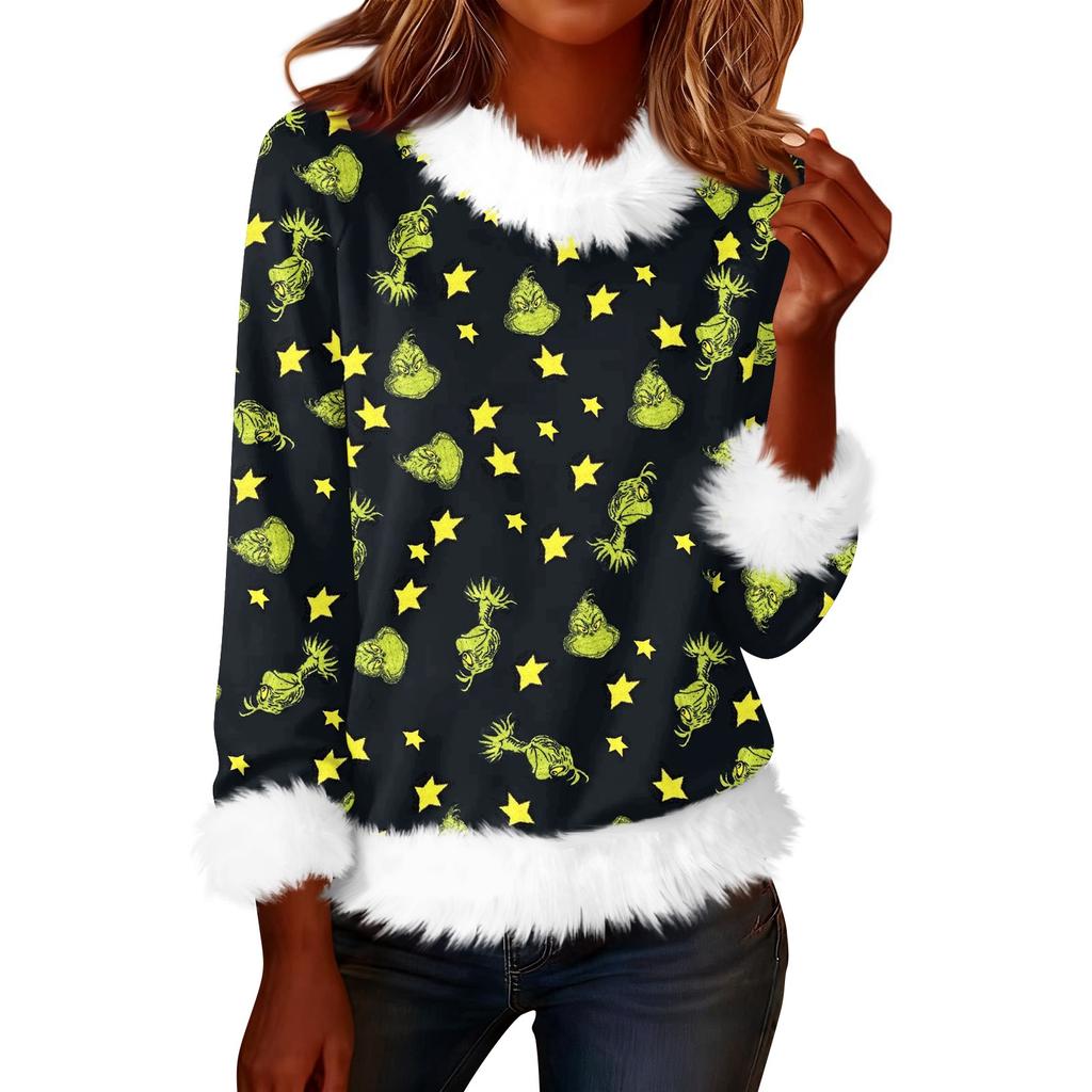 Женская модная рождественская футболка с принтом, круглым вырезом и длинными рукавами, повседневный пуловер