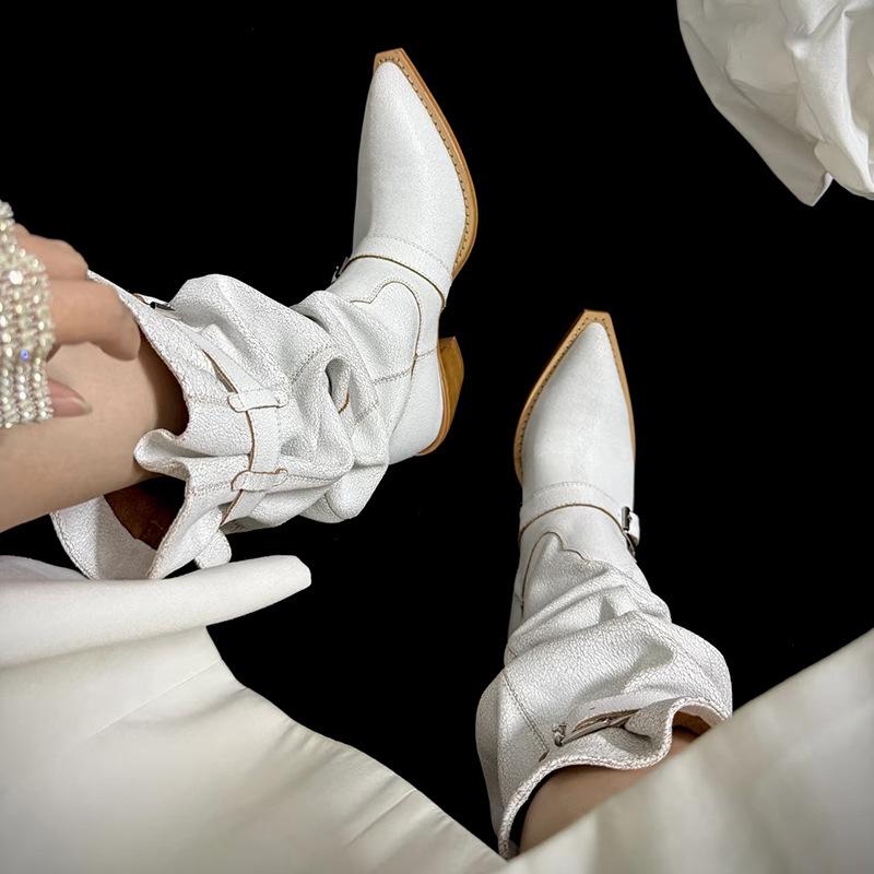 Версия из коровьей кожи~ Европейский и американский стиль Spice Girls, белые остроносые ботфорты на наборном каблуке, женские широкие сапоги-рыцари, длинные сапоги