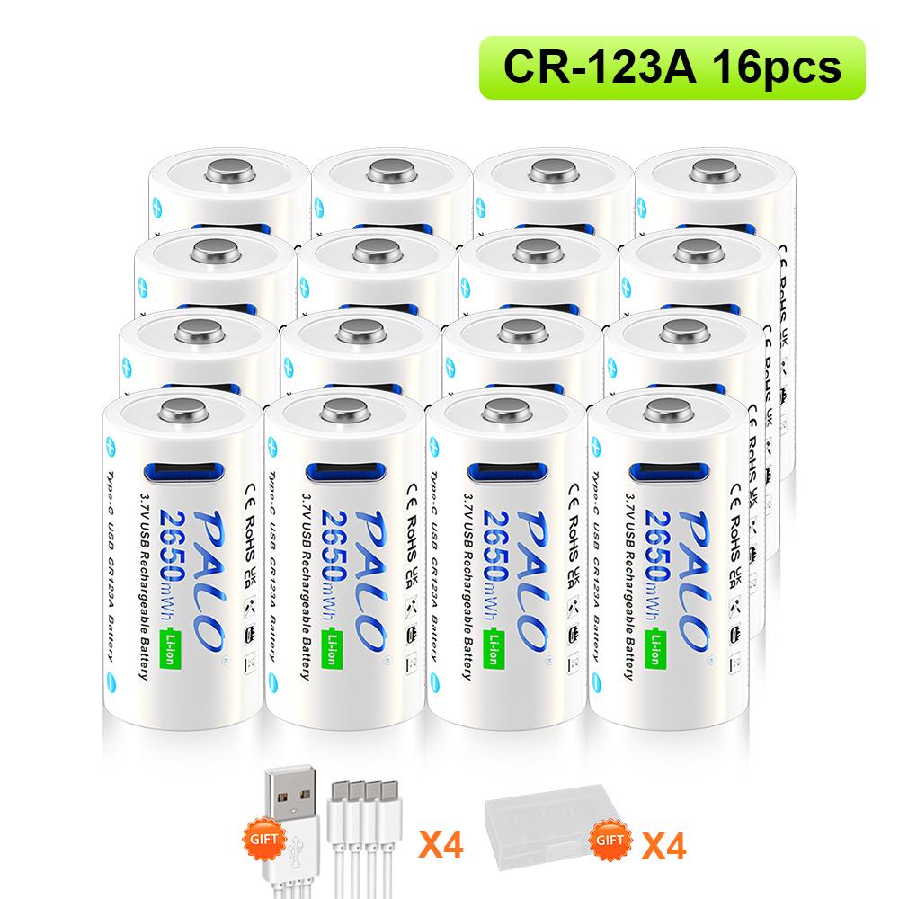 PALO Перезаряжаемая литиевая батарея 16340/16350 USB 3,7 В CR123A 2650 мАч + USB-кабель для зарядки