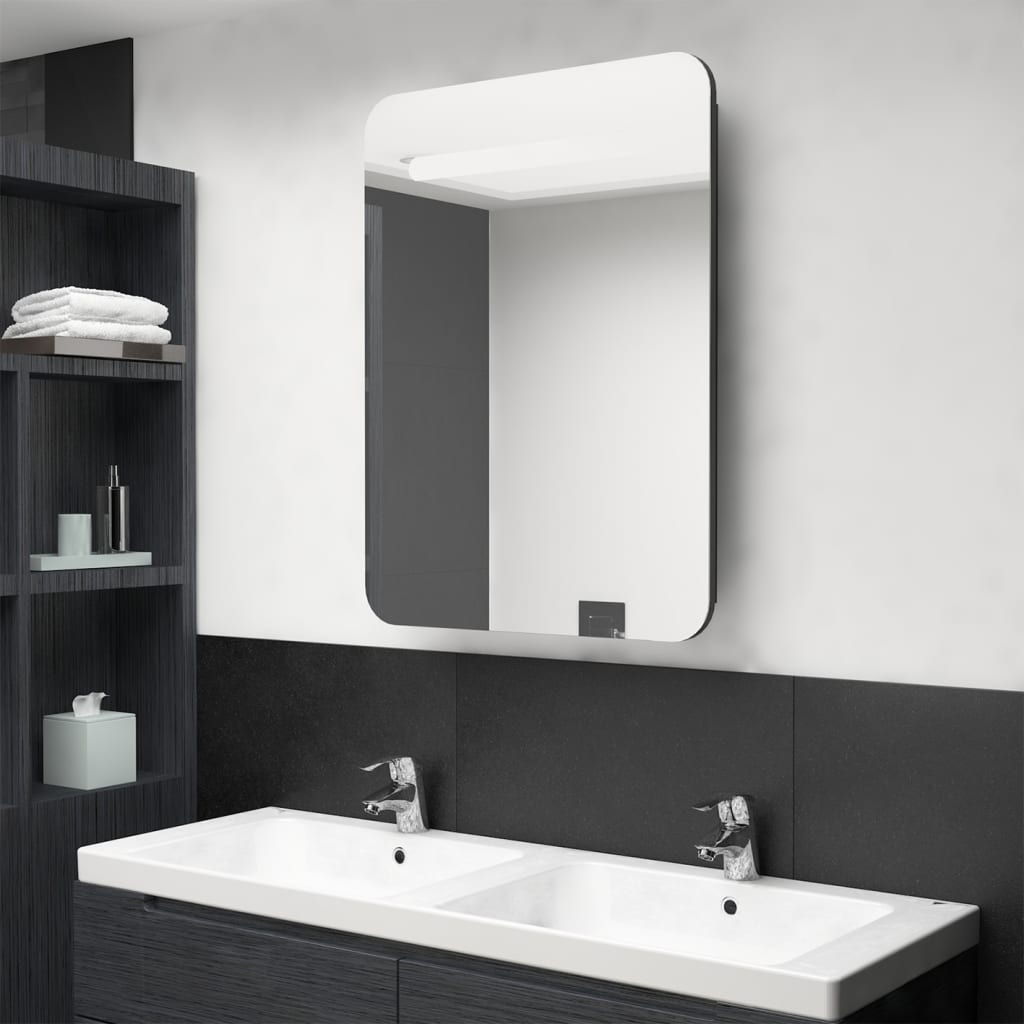 LED Bathroom Mirror Cabinet Glossy Black 60 x 11 x 80 cm