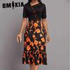 GMXIA Длинное платье с высокой талией, стильное, черное длинное платье, комплект с короткими рукавами, платья с принтом