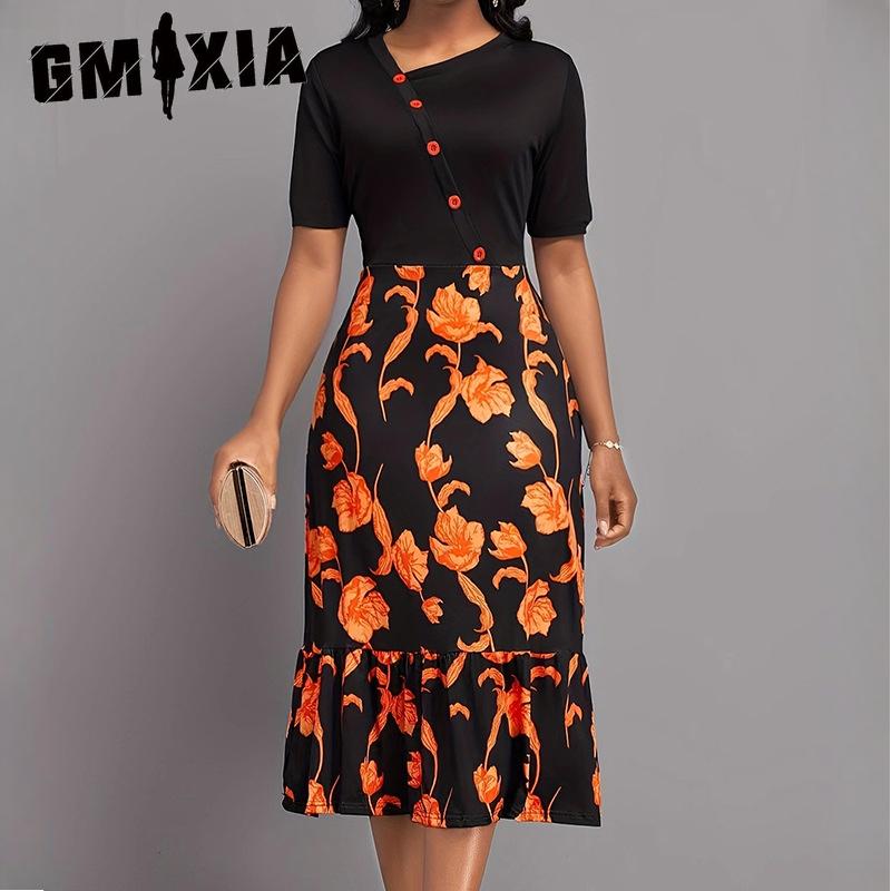 GMXIA Длинное платье с высокой талией, стильное, черное длинное платье, комплект с короткими рукавами, платья с принтом