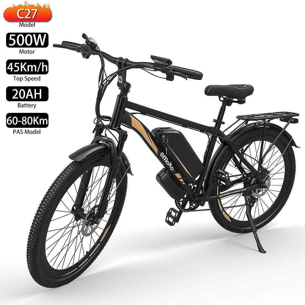 Electric Bike EMOKO 27" 500W Motor Adult Ebike 48V 25AH Max Range 100Km 7 Speed Load 120Kg Black EC27