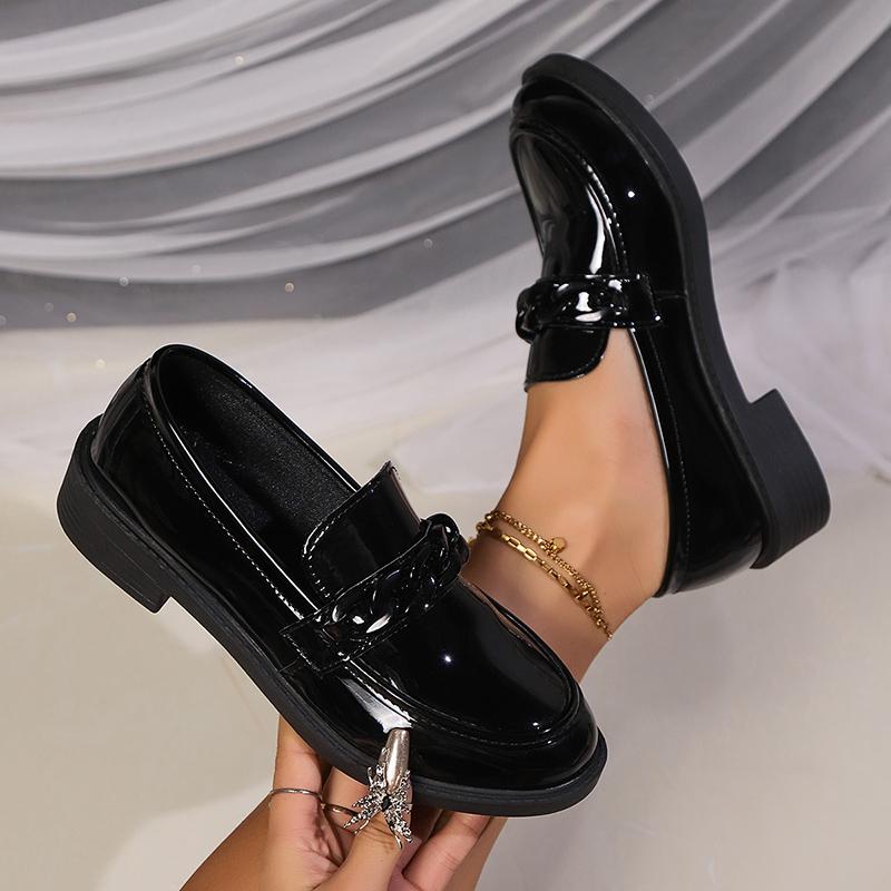 Женские мокасины Lucyever с цепочным декором, лакированные кожаные туфли на платформе, стильные женские туфли на низком каблуке, черные офисные туфли для женщин 41