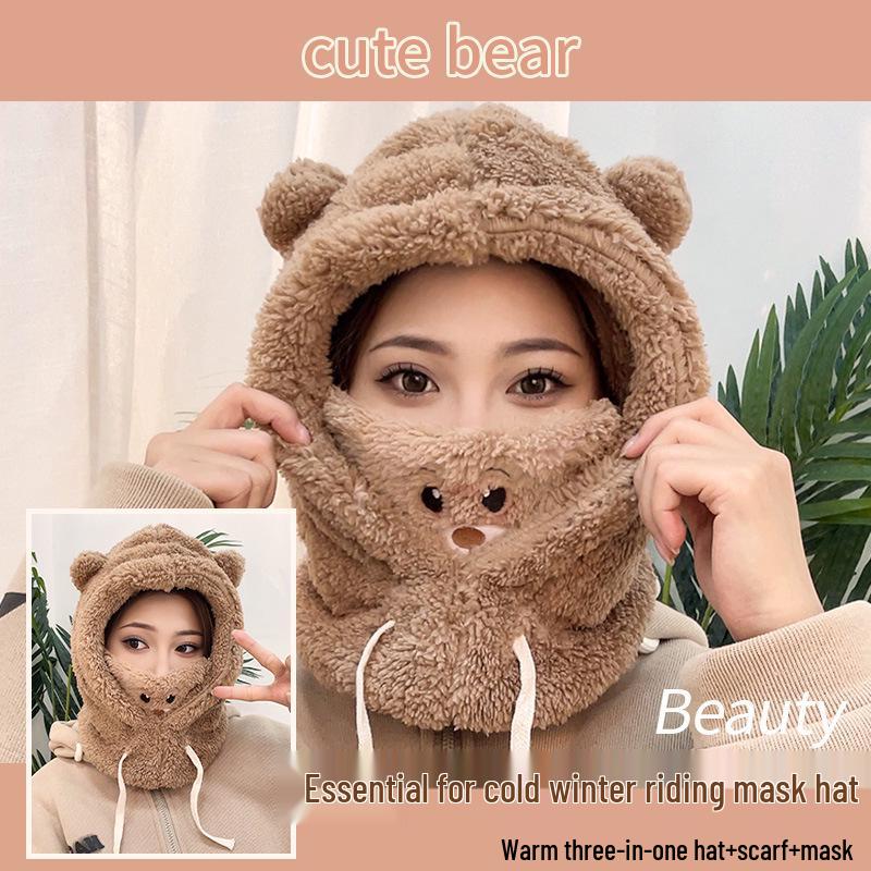 Новый женский цельный капюшон и шарф: Плюс Бархат, Утолщенный, Теплый, Плюшевый, Зимний Холод и Защита Ушей, Грелка для Шеи, Милый Дизайн.