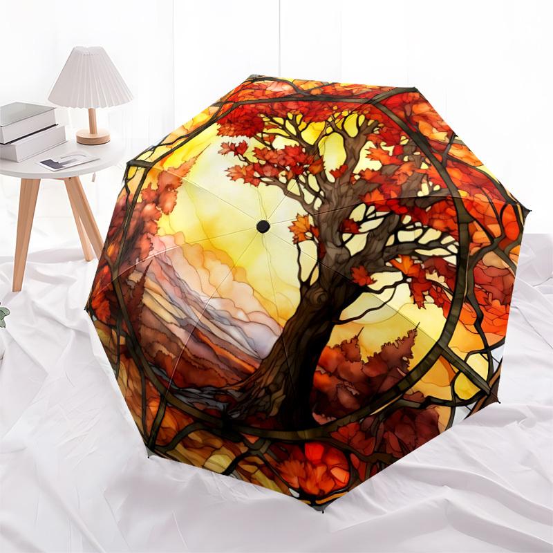 1pc Autumn Tree Stained Automatic Umbrella - Stylish, Durable, with 8-Rib Manual Open Design, Elegant Black Handleyy250920143