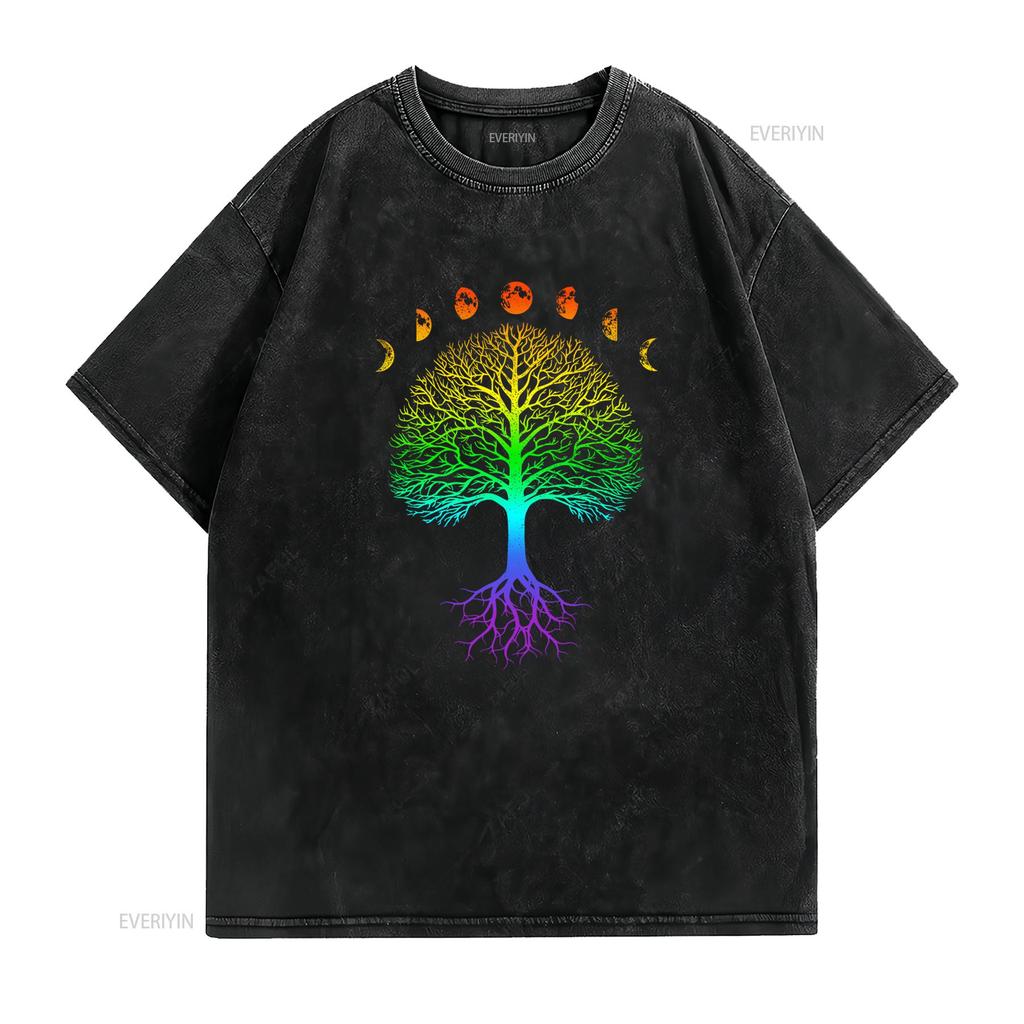 Bohemian Psychedelic Tree of Life Moon Phase Rainbow Gradient Print Casual T Shirt vintage Washed Unisex Stretched Stylish