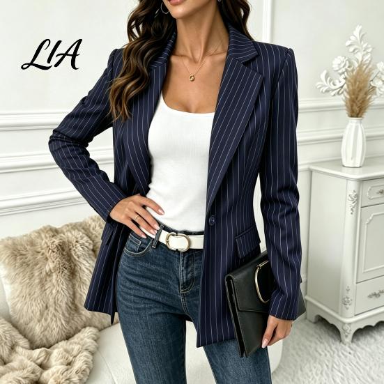 Slim Fit Blazer Women Striped with One Button, Breathable Business Casual Work Lapel Collar Coat Jacket, Long Sleeves Notch for Fall Jacket
