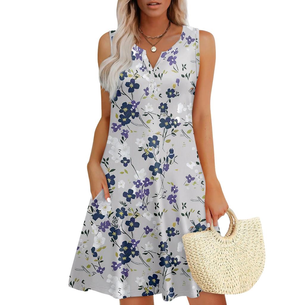 Женские летние платья Свободные сарафаны без рукавов с V-образным вырезом Платье с карманами