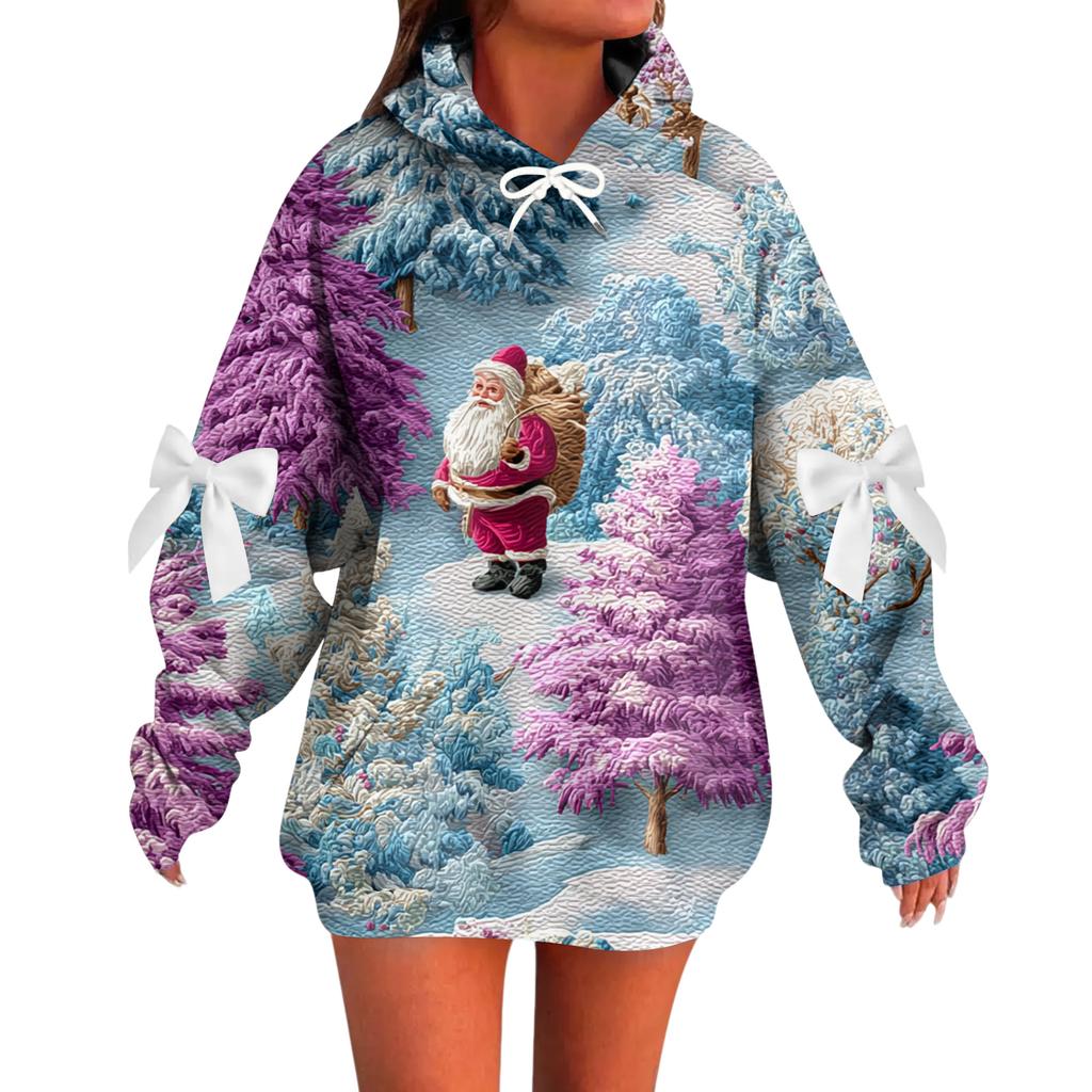 Женский рождественский с принтом банта, с длинными рукавами, свободного кроя, повязка на голову с веревкой, худи-топ с капюшоном