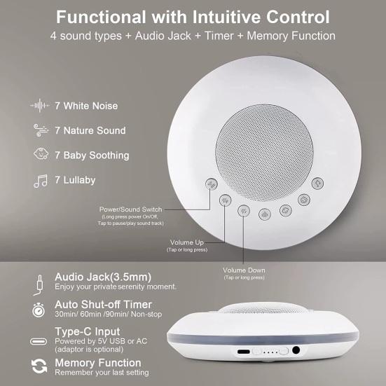 Sound Machine with 28 Soothing Sounds Adjustable Volume Rechargeable Compact Design White Noise Machine with Light