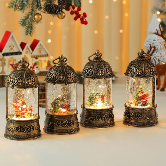 Holiday Party Supplies Lighted Christmas Snow Ball Lantern with Music Glittering Swirling, Birdcage Design Santa Claus Snowing Water Lantern,