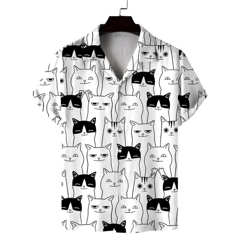 New Summer Shirt Men's Short Cat Pattern 3D Printed Design Casual Commuting Fashion All-Match Personality Breathable Daily