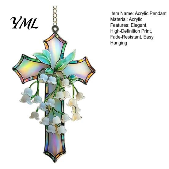 Religious Flower Ornament Lily of The Valley Suncatcher, Acrylic Stained Glass Style Hanging Pendant with Metal Chain, Elegant Floral Window
