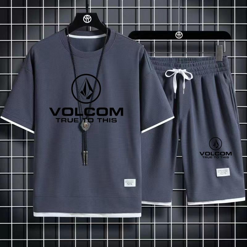 2025 VOLCOM Новый мужской спортивный костюм из 2 предметов с коротким рукавом, костюмы с принтом, футболка + штаны, студенческая повседневная летняя спортивная одежда