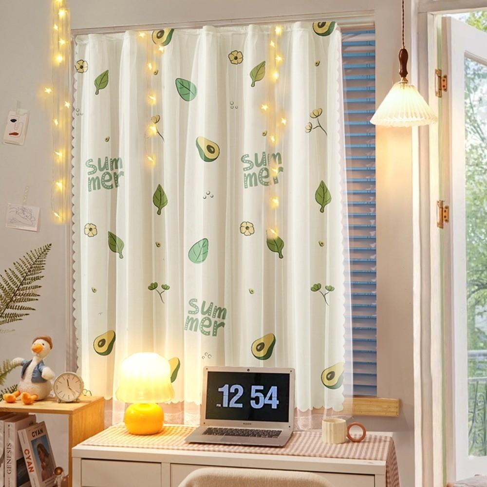 1 Pc No Drill Double Layer Curtain Cartoon Pattern with Rope Blackout Curtains Self-adhesive Bedroom Curtains Rental Housing