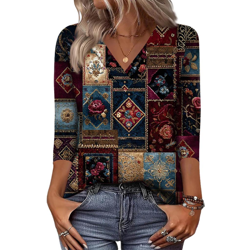 Women's 3/4 Sleeve Shirts V Neck Print Tops Casual Tops Basic Tees Blouse Loose Tops