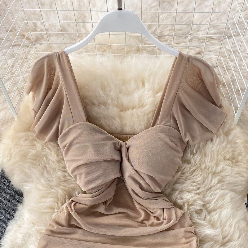 Сексуальное платье с короткими рукавами, высокой талией, облегающее, плиссированное, с квадратным вырезом, облегающее бедра