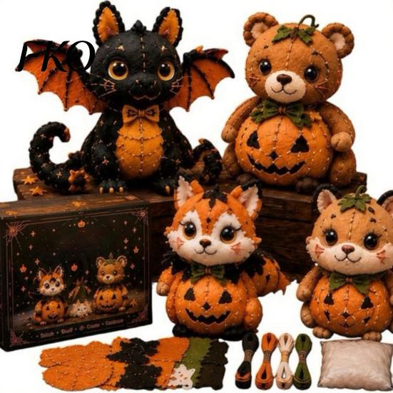 Animal Patchwork Craft Halloween Friends Kit, DIY Sewing Make 4 Kit Adorable Characters, for Beginners Handmade Gift Holiday Decor