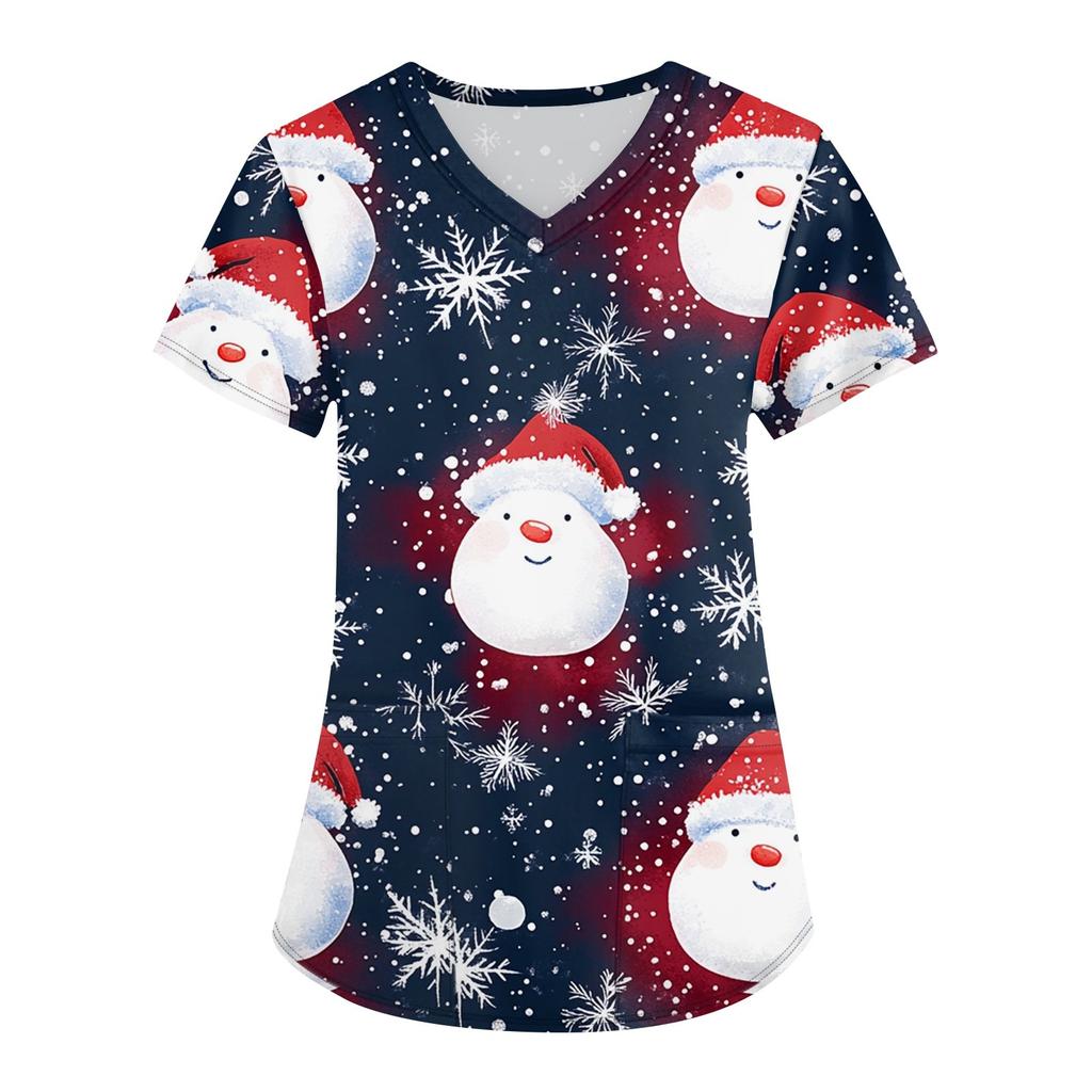 Women's Fashion V-neck Short Sleeve Workwear With Pockets Christmas Printed Tops