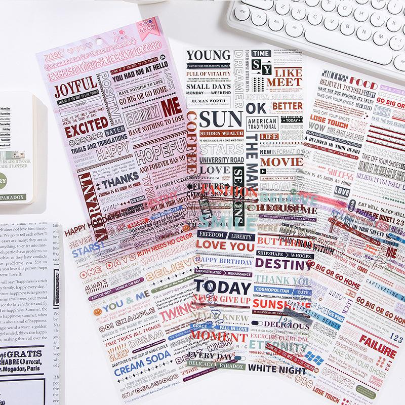 6-Piece Colorful English Phrase Stickers, Inspirational Quote Patterns, for Journal Decoration & Scrapbooking