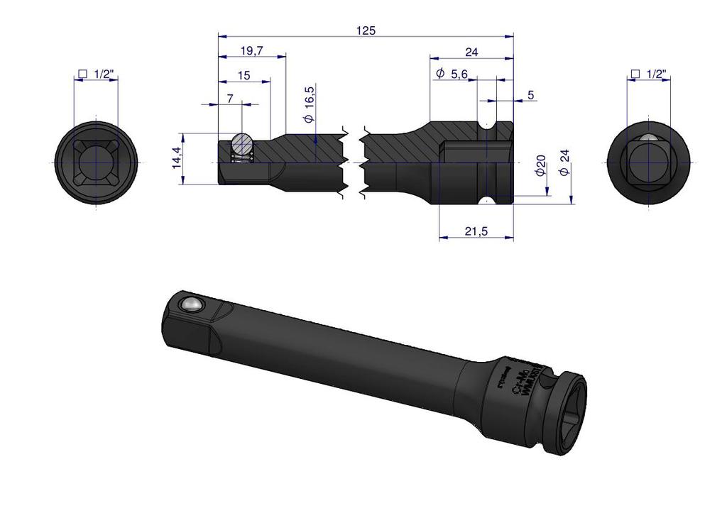 Extension for impact sockets 1/2" 125mm. CrMo. Waryński