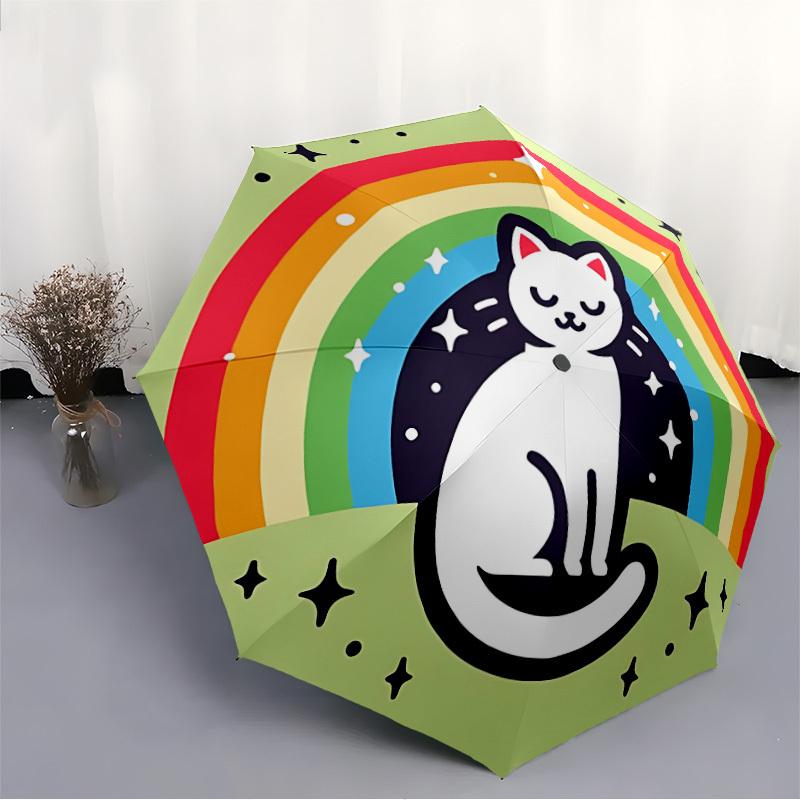 1pc Rainbow Cat Automatic Folding Umbrella Portable Collapsible Design, 8-Rib Iron Frame, Durable Fabric, All-Season Casual Outdoor 175