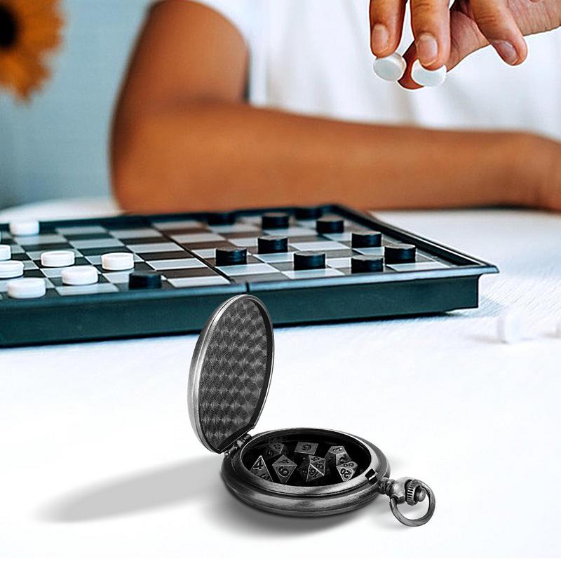 Металлический набор многогранных кубиков Металлические кубики в корпусе карманных часов Портативные Винтажные Стимпанк Изысканные кубики Для любителей игр Математика