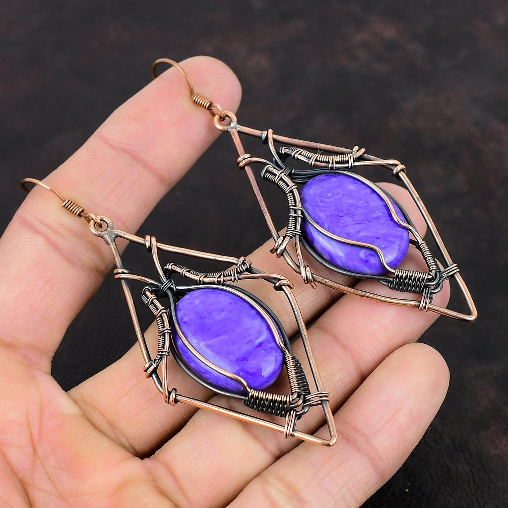 Серьги из чароита, серьги из медной проволоки с драгоценными камнями, ювелирные изделия из чароита, серьги-подвески ручной работы, уникальные ювелирные изделия, подарок на годовщину, ювелирные изделия из меди