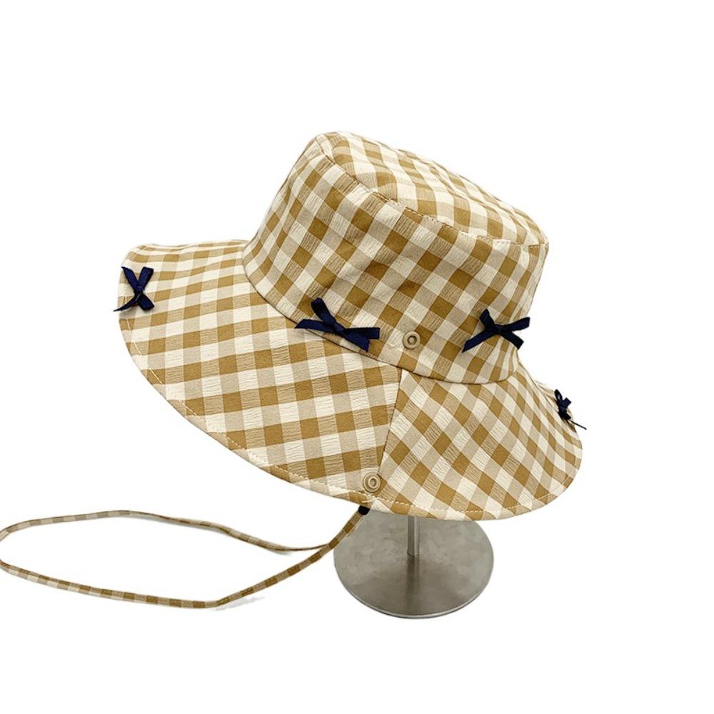 Versatile Hiking Fisherman Hat Sun Protection Bow Bucket Hat Cute Plaid Hiking Cap Outdoor