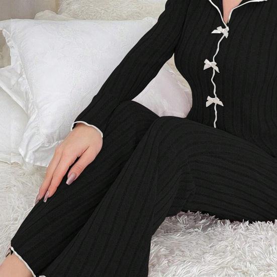 Женский пижамный комплект из 2 предметов: топ с длинным рукавом и бантом и длинные брюки. Комплект для сна, повседневная осенняя домашняя одежда.