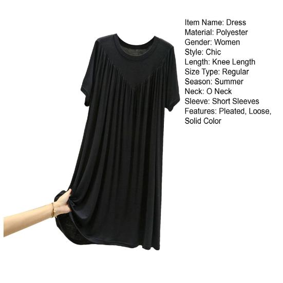 Женское летнее платье, плиссированное сплошное цветное платье с круглым вырезом и короткими рукавами, тонкий свободный пуловер длиной до колена, повседневная повседневная одежда, женское платье миди