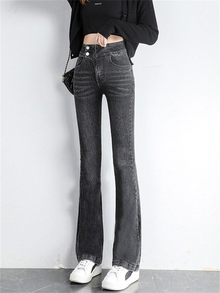 2022 Autumn Winter High Waist Fashion Leisure Simple Comfortable Jeans For Women  Trumpet Pant Retro Elastic Style Denim Trouser