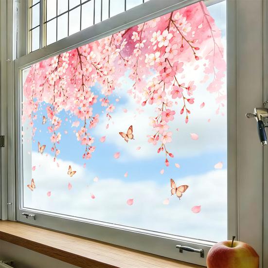 Cherry Blossom Floral Window Clings Spring Watercolor Hanging Flower Vine Butterflies Glass Door Decals Reusable Window Sticker for Home