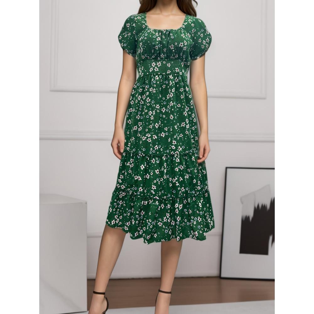 GMXIA Платье с квадратным воротником, рукавами-фонариками и цветочным принтом, длинная юбка