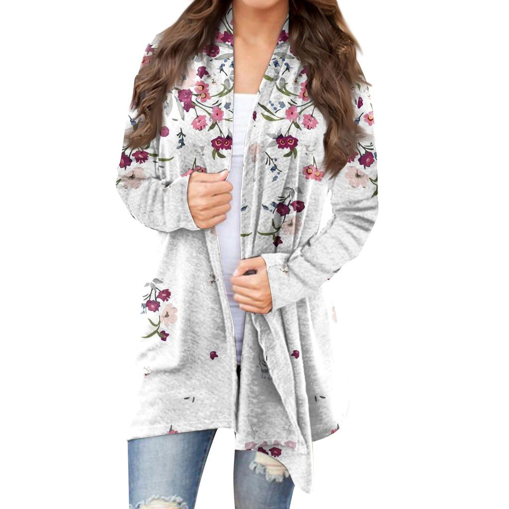 Женская модная повседневная куртка-кардиган средней длины с цветочным принтом, пальто