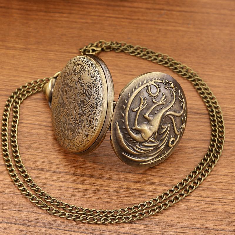 2 шт./набор, 1 шт. ретро модные мужские часы с тремя головками дракона дизайн корпуса кварцевые карманные часы и 1 шт. роскошное мужское ожерелье, идеальный выбор для подарков мужчинам