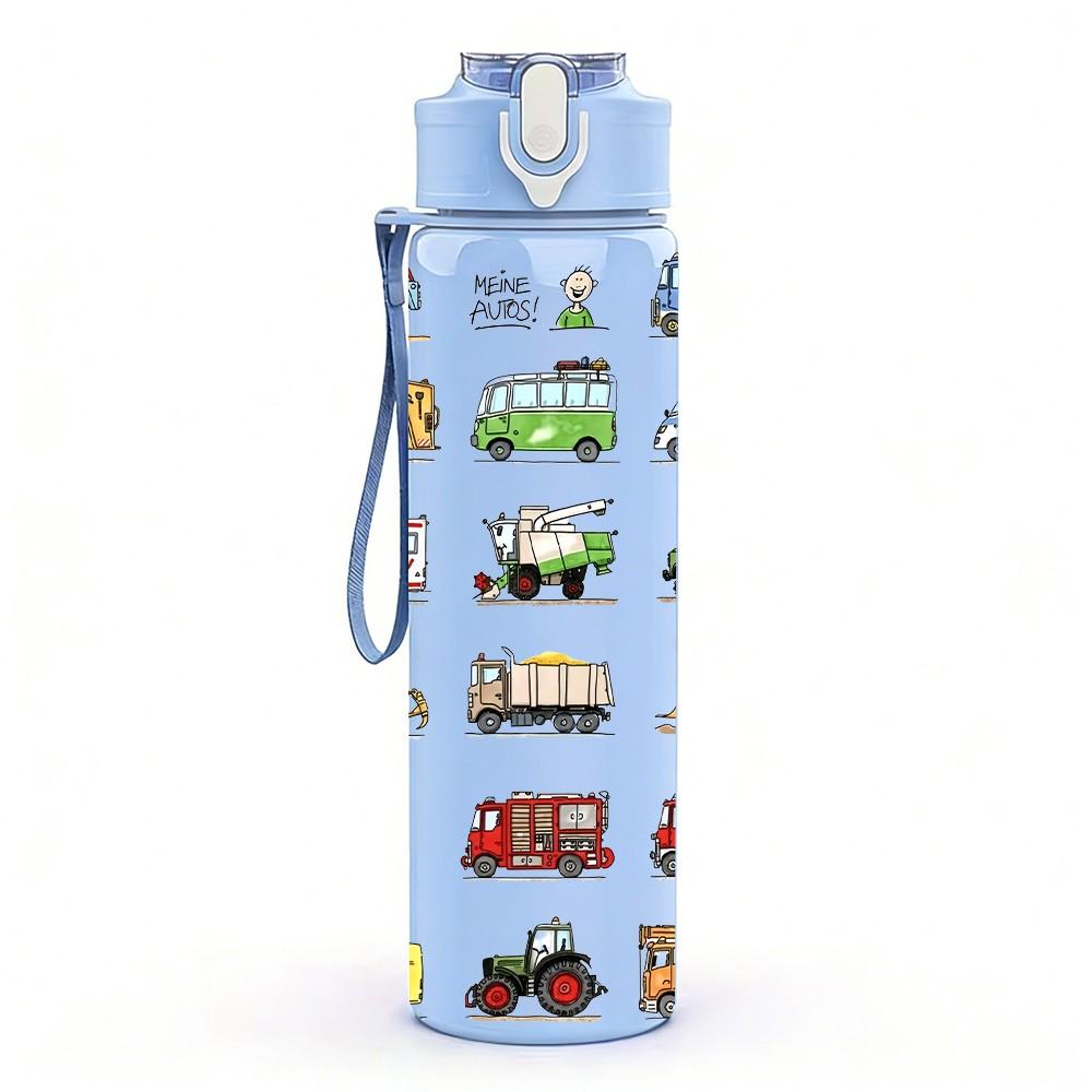 1PC Mixed Color Toy Truck Group Print 750ml Color Plastic Sports Water Bottle Leakproof Flip Straw Lid Suitable for Sports Office Home Use
